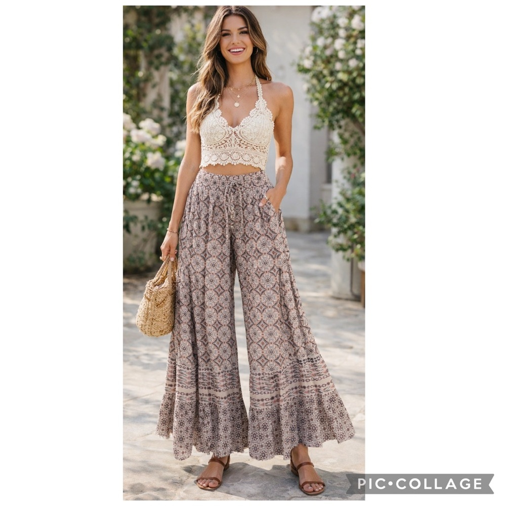 NOSTALGIA TRIBAL PRINT SMOCKED WAIST WIDE LEG PALAZZO PANTS RUFFLE HEM RAW EDGE